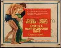 9z889 LOVE IS A MANY-SPLENDORED THING 1/2sh 1955 romantic art of William Holden & Jennifer Jones!
