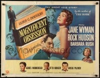 9z893 MAGNIFICENT OBSESSION style B 1/2sh 1954 Jane Wyman holding Rock Hudson, Douglas Sirk!