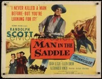 9z897 MAN IN THE SADDLE 1/2sh 1951 cowboy Randolph Scott in western action, black title!