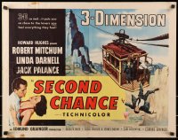 9z941 SECOND CHANCE style B 3D 1/2sh 1953 cool art of Robert Mitchum, sexy Linda Darnell & cable car!