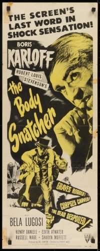 9z024 BODY SNATCHER insert R1952 close up Boris Karloff & art of him robbing body from graveyard!