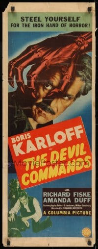 9z055 DEVIL COMMANDS insert 1941 cool art of Boris Karloff & the iron hand of horror!