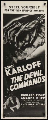 9z056 DEVIL COMMANDS insert R1955 cool art of Boris Karloff & the devil who commands him!