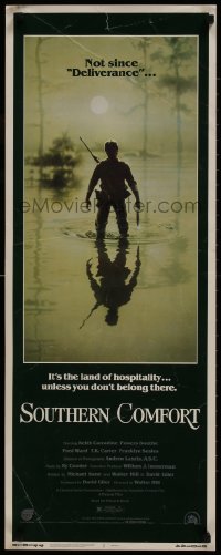 9z159 SOUTHERN COMFORT insert 1981 Walter Hill, Keith Carradine, cool image of hunter in swamp!
