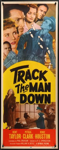 9z183 TRACK THE MAN DOWN insert 1956 detective Kent Taylor, Petula Clark, Renee Houston!