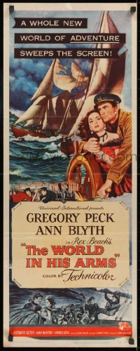 9z198 WORLD IN HIS ARMS insert 1952 Reynold Brown art of Gregory Peck & Ann Blyth, Rex Beach novel!
