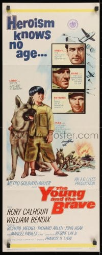 9z199 YOUNG & THE BRAVE insert 1963 Rory Calhoun, William Bendix, art of heroic boy & German Shepherd!