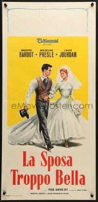 9z226 BRIDE IS MUCH TOO BEAUTIFUL Italian locandina 1958 art of Brigitte Bardot in wedding dress!