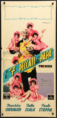 9z322 MY SEVEN LITTLE SINS Italian locandina 1954 art of Chevalier in apron w/girls by De Seta!