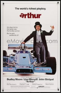 1b085 ARTHUR int'l 1sh 1981 different image of drunk Dudley Moore by F1 race car!