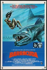 1b100 BARRACUDA 1sh 1978 great colorful artwork of huge killer fish attacking sexy diver in bikini!