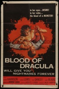 1b142 BLOOD OF DRACULA 1sh 1957 art of female vampire attacking male victim!