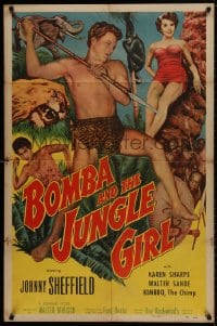 1b152 BOMBA & THE JUNGLE GIRL 1sh 1953 c/u of Johnny Sheffield with spear & sexy Karen Sharpe!