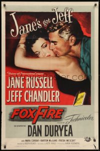 1b356 FOXFIRE 1sh 1955 romantic close up artwork of sexy Jane Russell & Jeff Chandler!