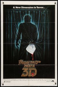 1b369 FRIDAY THE 13th PART 3 - 3D 1sh 1982 slasher sequel, art of Jason stabbing through shower!