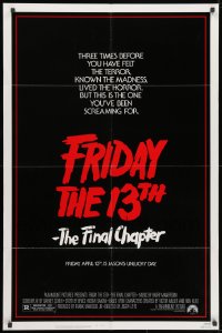 1b367 FRIDAY THE 13th - THE FINAL CHAPTER 1sh 1984 Part IV, slasher sequel, Jason's unlucky day!