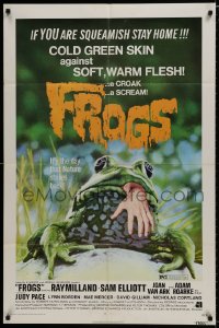 1b370 FROGS 1sh 1972 great horror art of man-eating amphibian with human hand hanging from mouth!