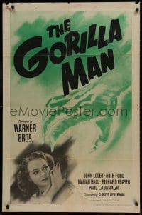 1b400 GORILLA MAN 1sh 1942 cool horror art of green hand attacking pretty Ruth Ford!