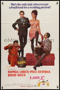 1b504 LADY L style B 1sh 1966 cool art of sexy Sophia Loren, Paul Newman & David Niven in bed!