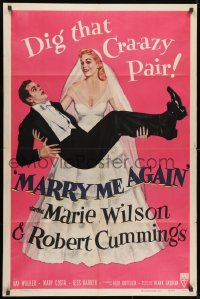 1b568 MARRY ME AGAIN style A 1sh 1953 great art of bride Marie Wilson carrying Robert Cummings!