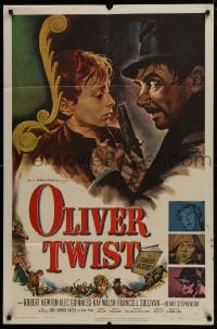 1b647 OLIVER TWIST 1sh 1951 cool art of Robert Newton threatening Davies, directed by David Lean!