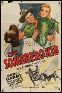 1b825 SOMBRERO KID 1sh 1942 art of Don 'Red' Barry punching bad guy & protecting Lynn Merrick!