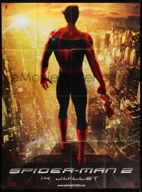 1c909 SPIDER-MAN 2 teaser DS French 1p 1904 Tobey Maguire in costume unmasked over city!
