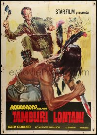 1c235 DISTANT DRUMS Italian 1p R1973 different art of Gary Cooper attacking Native American, rare!