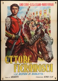 1c246 ETTORE FIERAMOSCA Italian 1p R1950 great art of Gino Servi with lance on armored horse!