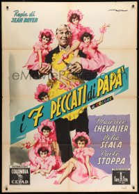 1c325 MY SEVEN LITTLE SINS Italian 1p 1954 DeSeta art of Maurice Chevalier in apron w/ tiny girls!