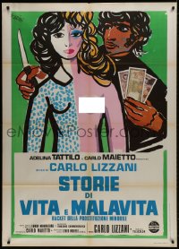 1c405 TEENAGE PROSTITUTION RACKET Italian 1p 1975 Brini art of half-naked girl & crook with knife!
