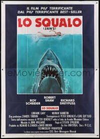 1c117 JAWS Italian 2p 1975 art of Spielberg's classic man-eating shark attacking sexy swimmer!