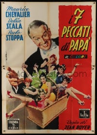 1c126 MY SEVEN LITTLE SINS Italian 2p 1954 Deseta art of Maurice Chevalier & sexy girls in basket!