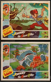 1d882 JOHNNY THE GIANT KILLER 2 LCs 1953 great fantasy cartoon image of sword fight & fallen giant!