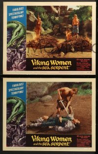 1d617 VIKING WOMEN & THE SEA SERPENT 5 LCs 1958 border art of sexy female warriors attacked on ship!