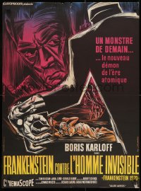 1f411 FRANKENSTEIN 1970 French 23x31 R1960s Karloff, great art of monster hand attacking sexy girl!
