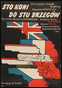 1f388 STO KONI DO STU BRZEGOW Polish 27x38 1979 cool Pagowski art of flag guns from different countries!