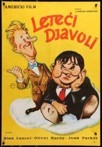 1f166 FLYING DEUCES Yugoslavian 19x28 1960s great artwork of Stan Laurel & Oliver Hardy on cloud!