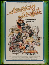 1g175 AMERICAN GRAFFITI 25x39 1sh 1973 George Lucas teen classic, Mort Drucker montage art of cast!