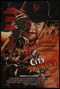 1g285 CITY SLICKERS advance 1sh 1991 great artwork of cowboys Billy Crystal & Daniel Stern!