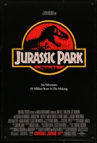 1g528 JURASSIC PARK advance DS 1sh 1993 Steven Spielberg, classic logo with T-Rex over red background