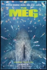 1g617 MEG teaser DS 1sh 2018 image of giant megalodon and terrified swimmers, pleased to eat you!