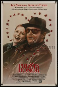 1g704 PRIZZI'S HONOR 1sh 1985 Bryan art of smoking Jack Nicholson & Kathleen Turner w/bullet holes!