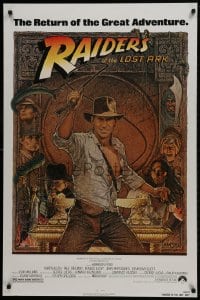 1g715 RAIDERS OF THE LOST ARK 1sh R1982 great Richard Amsel art of adventurer Harrison Ford!