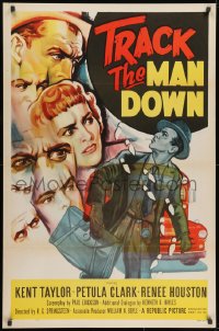 1g918 TRACK THE MAN DOWN 1sh 1956 cool art of detective Kent Taylor tracing footsteps, Petula Clark