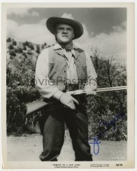 1h379 JAMES CAGNEY signed 8x10.25 still 1956 close up holding rifle in Tribute to a Bad Man!