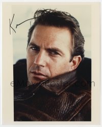 1h796 KEVIN COSTNER signed color 8x10 REPRO still 1990s super close up wearing leather jacket!