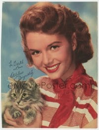 1h148 DEBBIE REYNOLDS signed 8x11 magazine page 1980s color smiling portrait with adorable kitten!