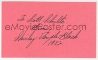 1h726 SHIRLEY TEMPLE signed 3x5 index card 1982 it can be framed & displayed with a repro!