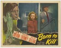 1h096 BORN TO KILL signed LC #6 1946 by BOTH Lawrence Tierney AND Claire Trevor, great image!
